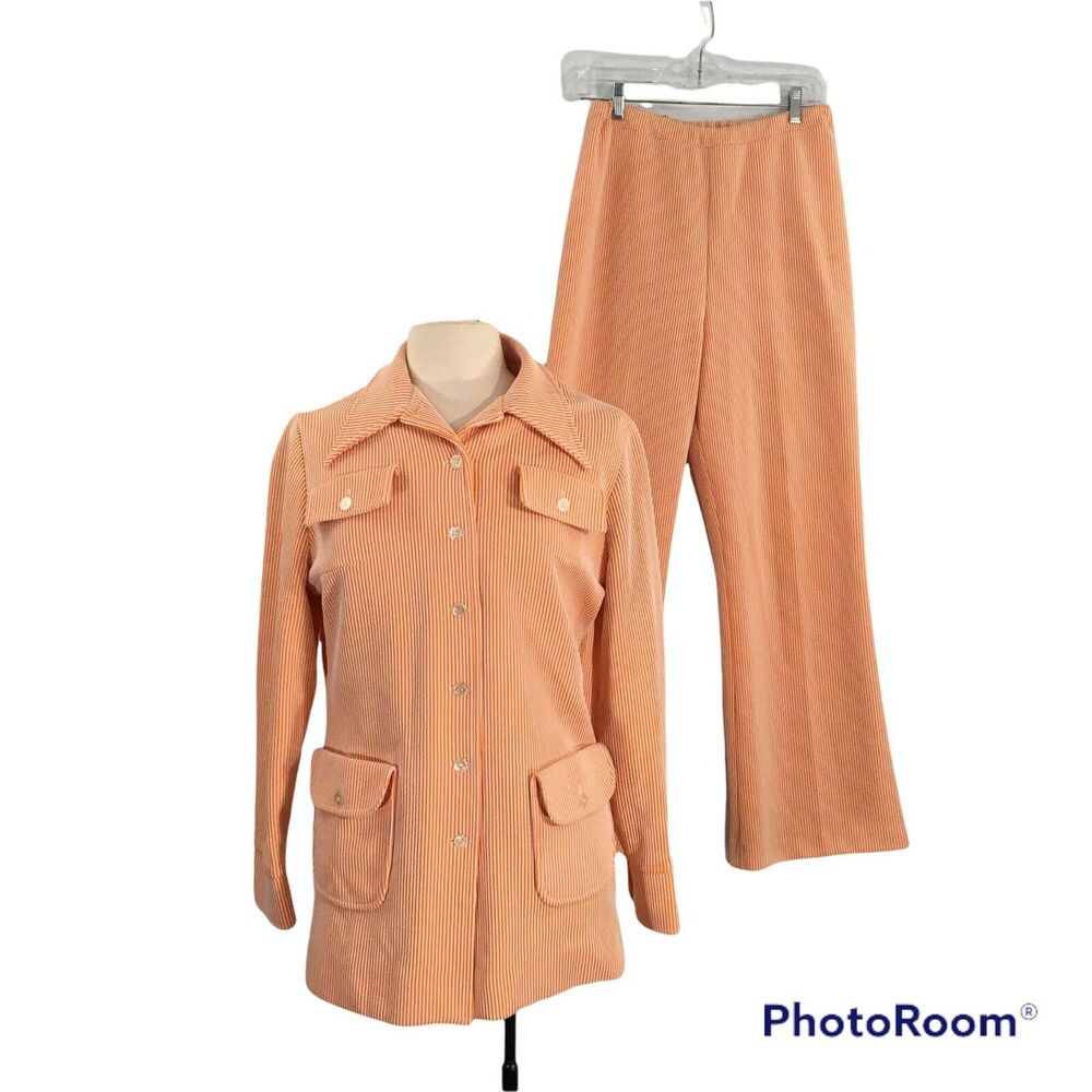 Oak Hall by Stanley Wyllins Vintage Orange White‎ Striped Pants Suit, sz 16